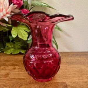 Vintage Cranberry Glass Ruffled Vase Diamond Heart Motif Elegant Red Art Glass
